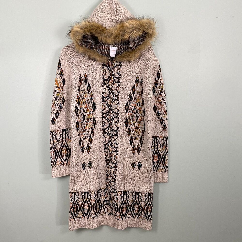 Northern Angel Long Cardigan Sweater Womens Small Hooded Duster Faux Fur Trim